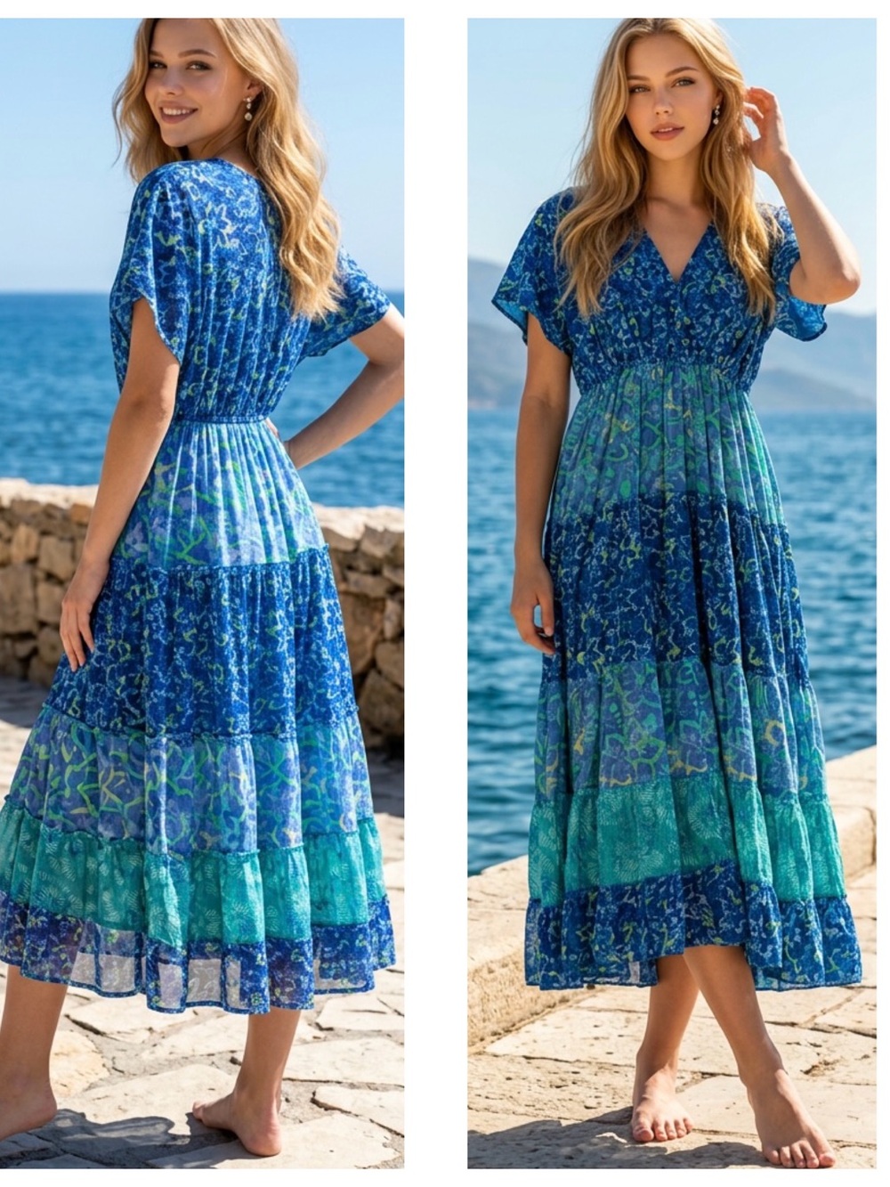 Jane Ashley Women  Sz M BlueTeal Boho cottagecore Tiered dolman V-Neck Midi Dres